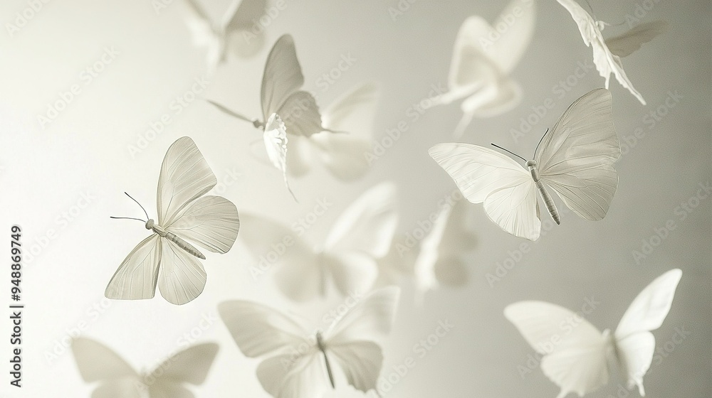 A white wall serves as the background while a group of white butterflies soar through the sky, and another white wall is positioned in the foreground A white wall serves as the background while a group of white butterflies soar through the sky, and another white wall is positioned in the foreground