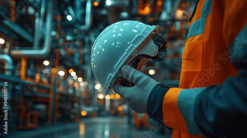 A worker holds a safety helmet in a chemical plant during evening hours, showcasing industrial equipment and ambient lighting