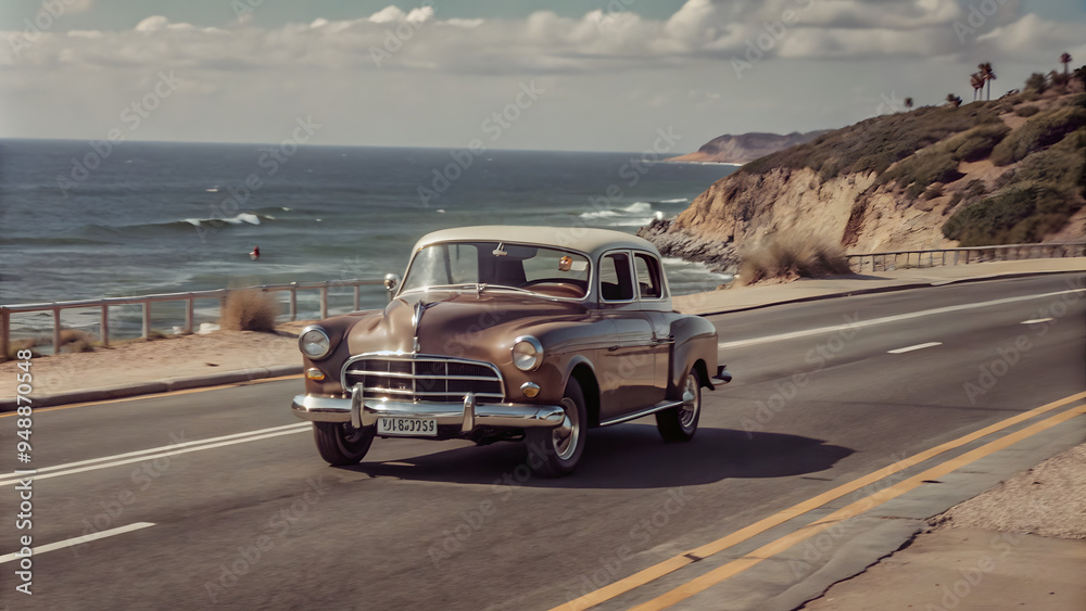 Fototapeta premium A retro-style of a vintage car driving along a coastal road