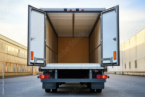 Back of Semi-Truck with White Walls. Commercial Vehicle Rear View with Empty Cargo Space photo