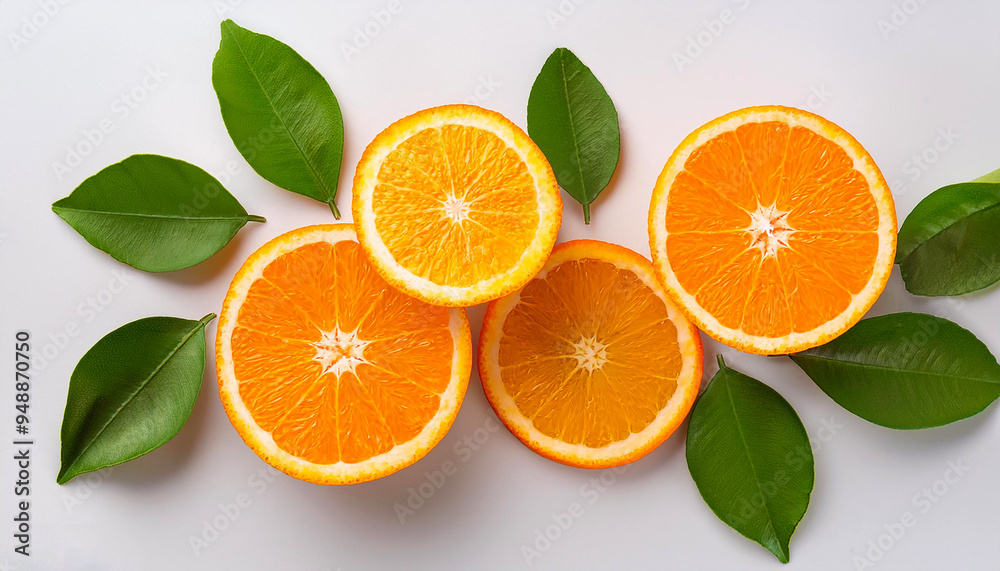Flat lay view Slices Oranges with green leaves isolated on white background. Flat lay view Slices Oranges with green leaves isolated on white background.