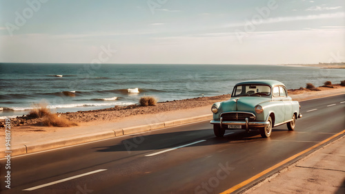 A retro-style of a vintage car driving along a coastal road