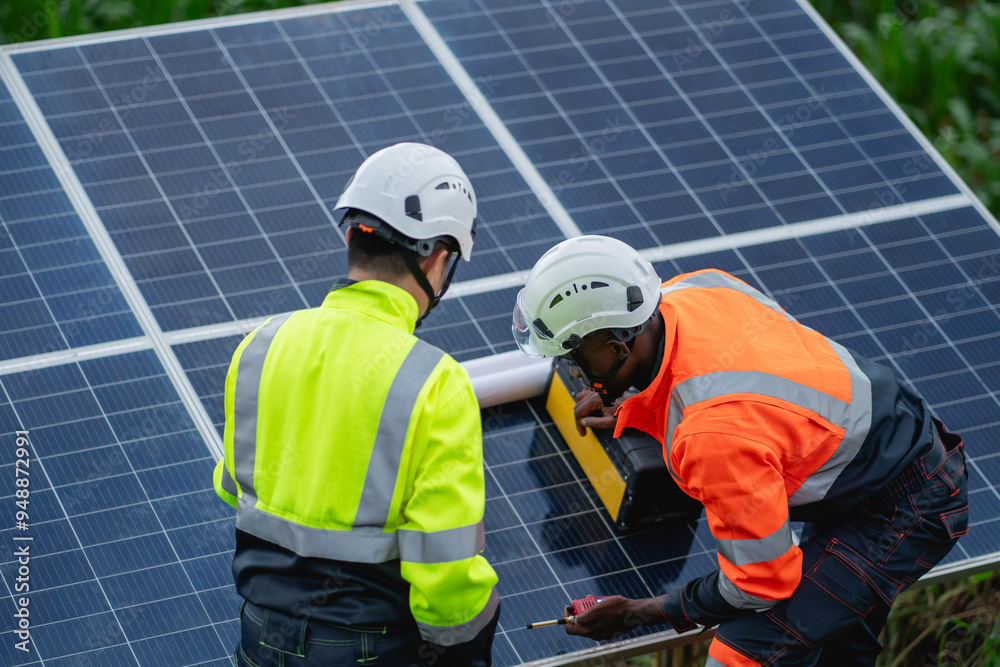 Service engineer inspects and maintains solar panels in a cultivation area, promoting clean energy. Service engineer inspects and maintains solar panels in a cultivation area, promoting clean energy.