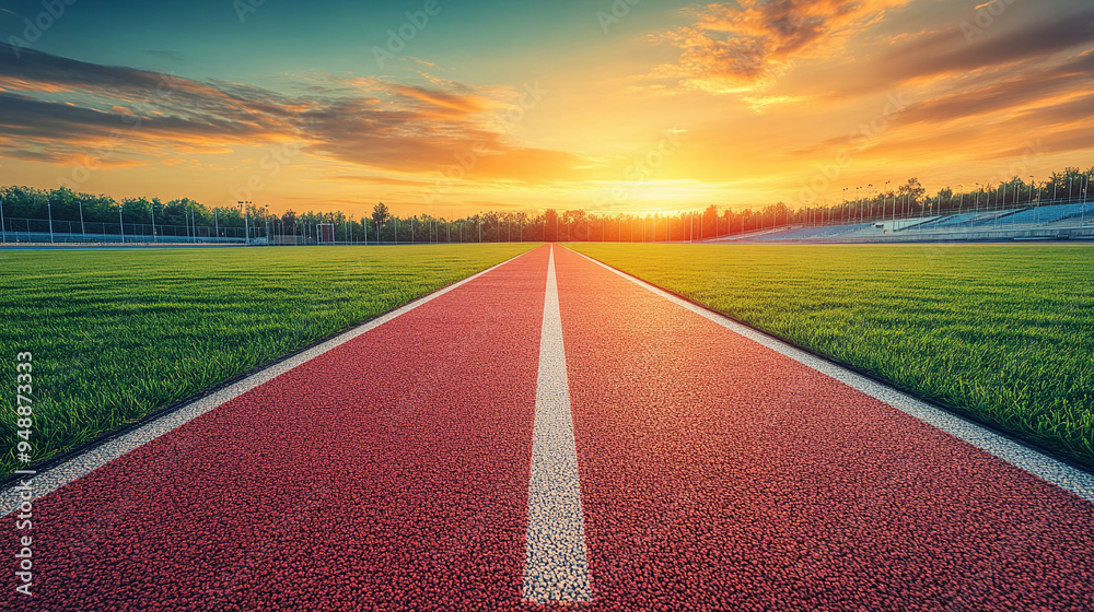 red running track surrounded by lush green grass under a clear blue sky, capturing the energy, competition, and perseverance of a track race in full motion red running track surrounded by lush green grass under a clear blue sky, capturing the energy, competition, and perseverance of a track race in full motion