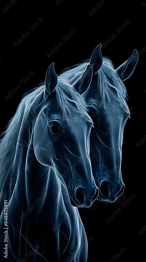 Naklejka premium Horses in Neon on Black Background, Abstract Image, Texture, Pattern, Wallpaper, Cover and Screen for Smartphone, PC, Laptop, 9:16 and 16:9 Format