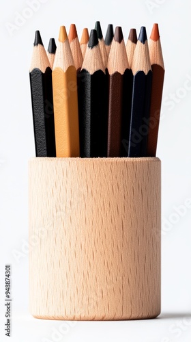 Set of colorful pencils in an elegant wooden holder isolated on a transparent background perfect for design and artrelated themes photo