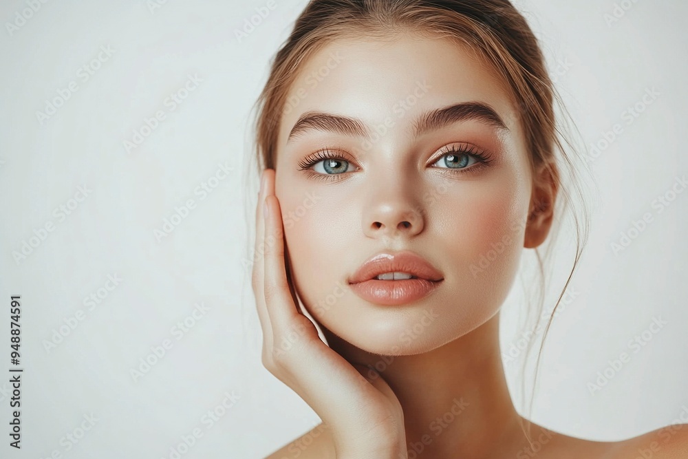 Portrait of a young woman isolated on a light background. Skin care. Beautiful female model with perfectly clean fresh skin. Natural beauty and cosmetology concept generative ai Portrait of a young woman isolated on a light background. Skin care. Beautiful female model with perfectly clean fresh skin. Natural beauty and cosmetology concept generative ai