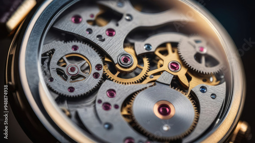 Detail of mechanical watch mechanism close-up.