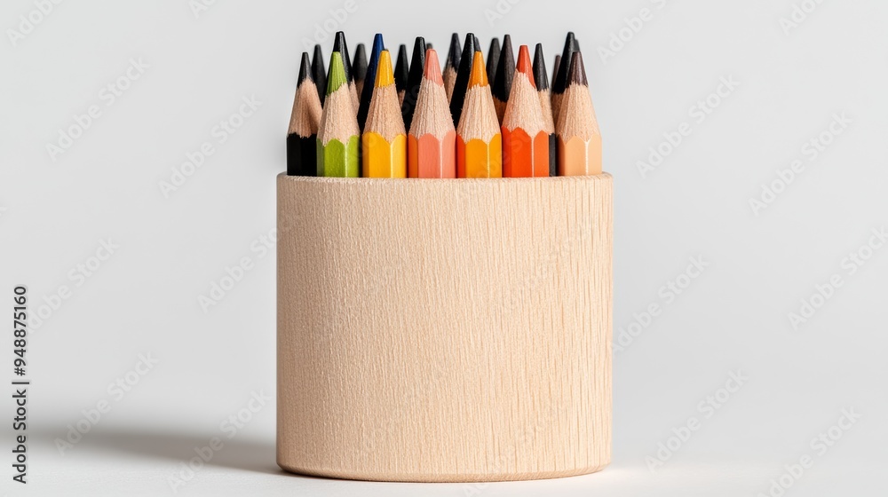 Set of colorful pencils in an elegant wooden holder isolated on a transparent background perfect for design and artrelated themes Set of colorful pencils in an elegant wooden holder isolated on a transparent background perfect for design and artrelated themes