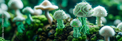Digital Mushrooms, Futuristic Technology, Mycelium Bio Network. Connectivity, Ecology, Hybrid Ecosystem, Symbiosis. Data Center, Server, Platform. E-waste, Environment, Biology Science, Planet Earth