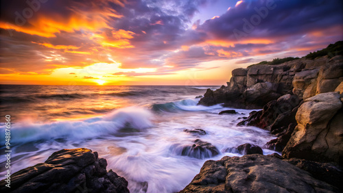 A rocky coastline at sunset, with waves crashing against the cliffs. The sky is ablaze with oranges and purples, and the sea reflects the colors, creating a dramatic and powerful scene