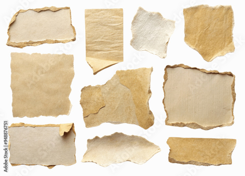 Variety of aged parchment pieces with irregular shapes and textures isolated with transparent background.