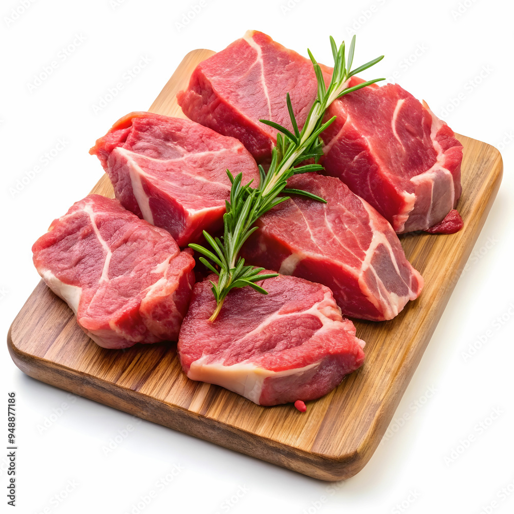 pieces of raw sirloin meat on a chopping board isolated pieces of raw sirloin meat on a chopping board isolated