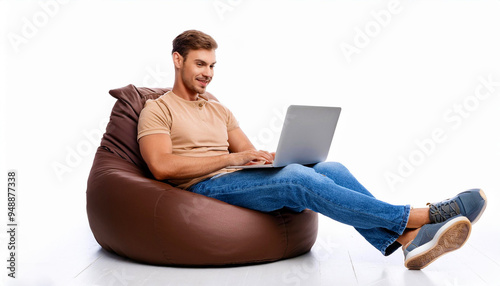 Full length happy young man sit in bag chair unboxing new laptop face isolated on white background.