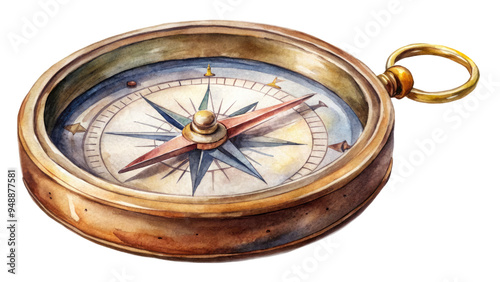 Vintage brass compass with intricate details and a glass face isolated with transparent background.