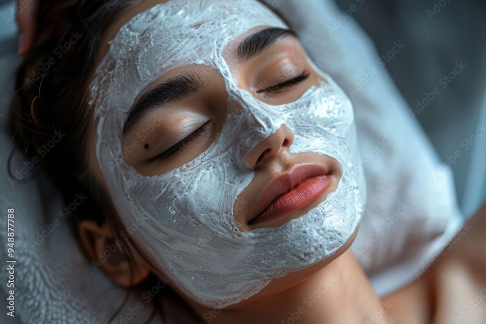 Young woman relaxing at a spa while enjoying a soothing clay facial mask treatment in a tranquil setting during the afternoon Young woman relaxing at a spa while enjoying a soothing clay facial mask treatment in a tranquil setting during the afternoon