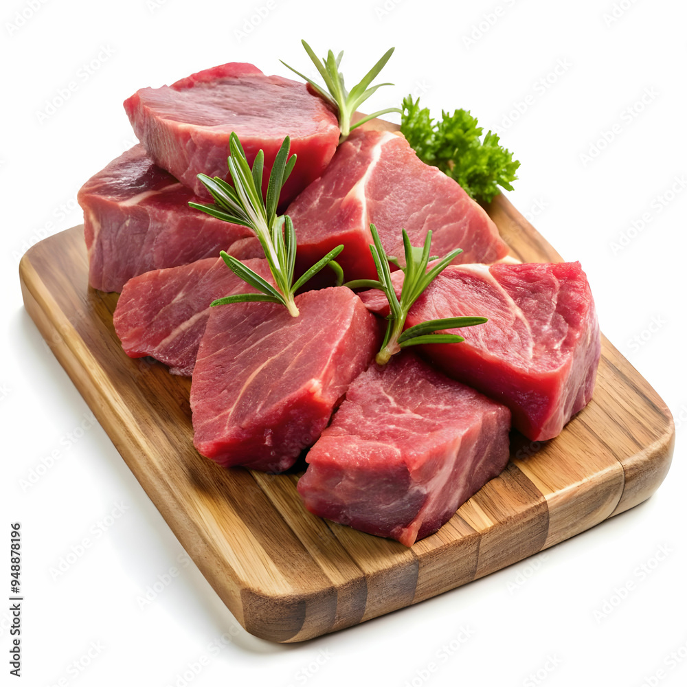 Fototapeta premium pieces of raw sirloin meat on a chopping board isolated