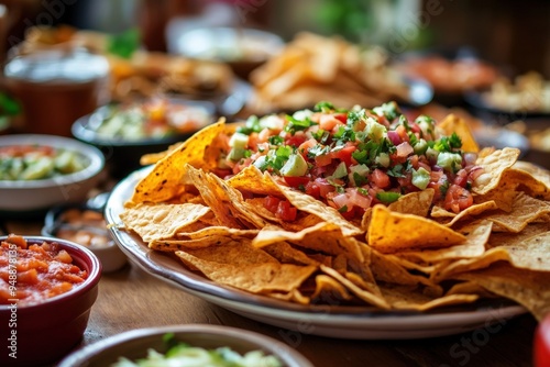 A plate of tortilla chips with a variety of toppings including tomatoes, onions, generative ai image