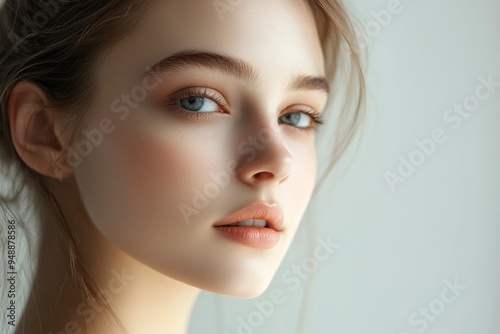 Portrait of a young woman isolated on a light background. Skin care. Beautiful female model with perfectly clean fresh skin. Natural beauty and cosmetology concept generative ai