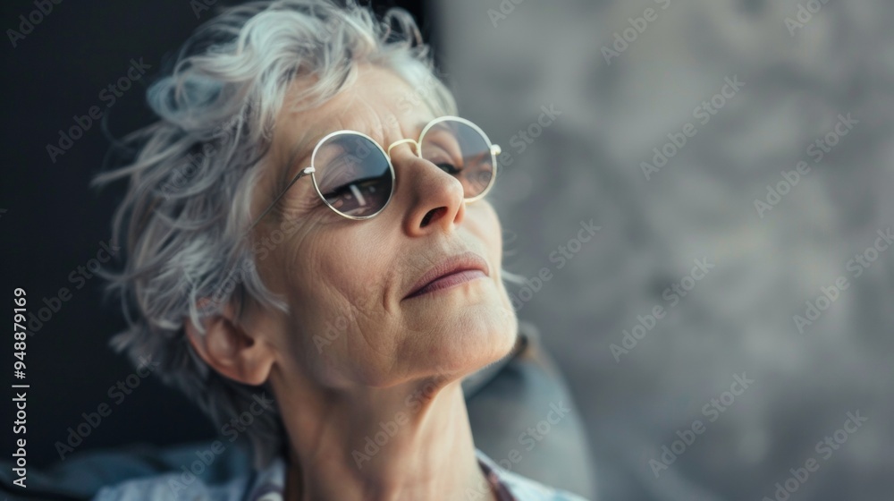 A stylish older woman enjoying a sunny afternoon outdoors, wearing sunglasses and a relaxed expression in a serene setting. With copy space for text. A stylish older woman enjoying a sunny afternoon outdoors, wearing sunglasses and a relaxed expression in a serene setting. With copy space for text.