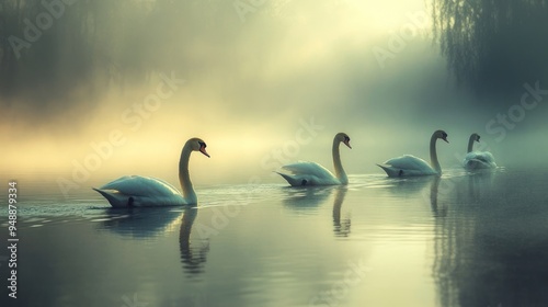 Four Swans in a Misty Morning