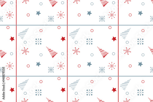 Red grey snowflakes circles stars new year tree seamless vector pattern Wrapping paper Winter holiday mood design Isolated background December mood Christmas time Xmas season Typography Grid
