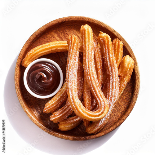 top view of churros on a wooden plate. With chocolate sauce in a small bowl. Isolated on white background.