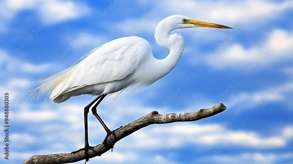 White bird perched on tree branch against blue sky with cloudy backdrop White bird perched on tree branch against blue sky with cloudy backdrop