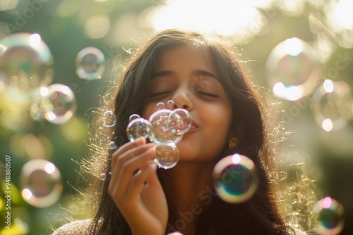 Joyful Moments: Girl Playing with Bubbles in Sunlit Garden