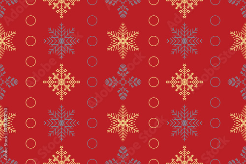 Gold silver snowflakes circles Red background Seamless vector pattern for packaging paper Party Invitations Textile design wrapping paper napkin Winter holiday design Isolated background December mood