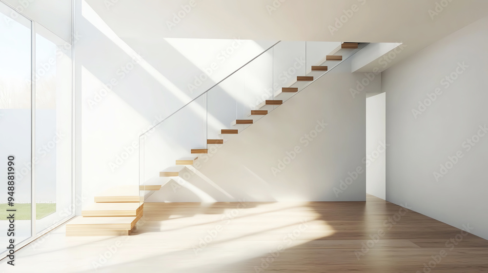 Obraz premium Modernized staircase with glass railings and floating wooden steps, adding a touch of contemporary elegance to the space, staircase renovation, modern minimalism