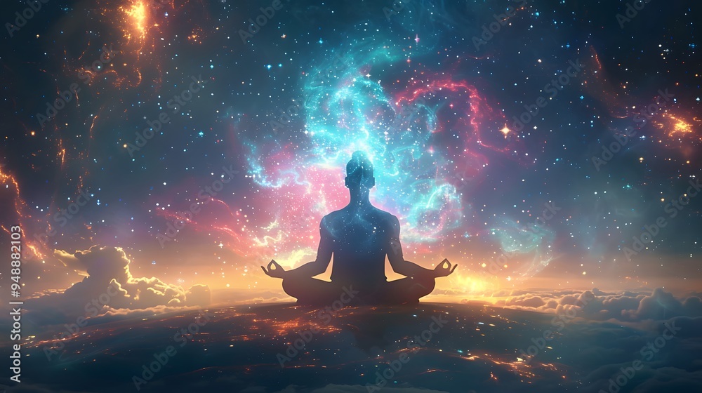 Man Meditating in Cosmic Landscape Man Meditating in Cosmic Landscape