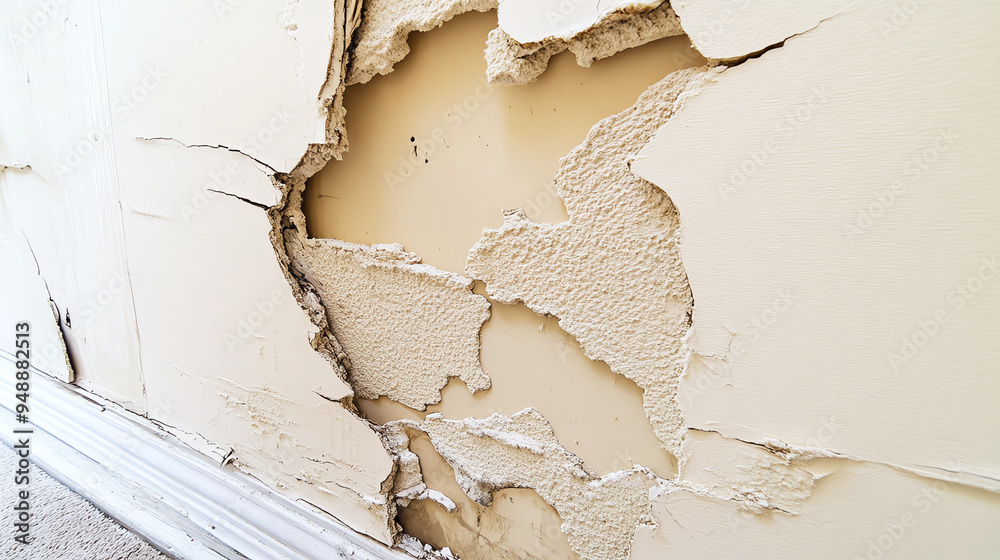 Severe cracking in a home s drywall, showing the impact of poor construction or shifting foundations, drywall damage, home structural issues Severe cracking in a home s drywall, showing the impact of poor construction or shifting foundations, drywall damage, home structural issues