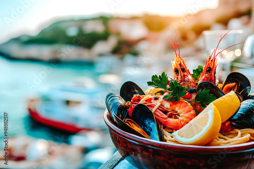 Plat de pates aux fruits de mer avec paysage de mer en arrière plan photo