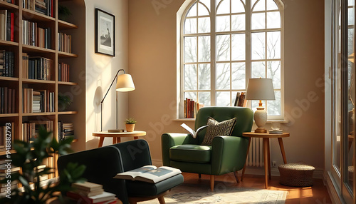  illustration of a cozy retro study room with a comfortable green leather armchair from the 1950s, a small table lamp, and shelves filled with books.