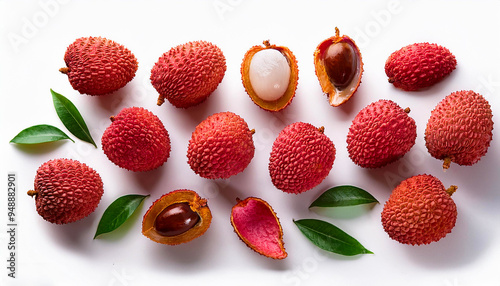 Lychee fruit pattern from flat view isolated on white background photo