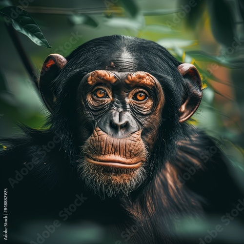 close up expressive chimpanzee with detailed facial features and a curious gaze, softly blurred jungle background, soft, natural highing the chimpanzee s face and fur, photo