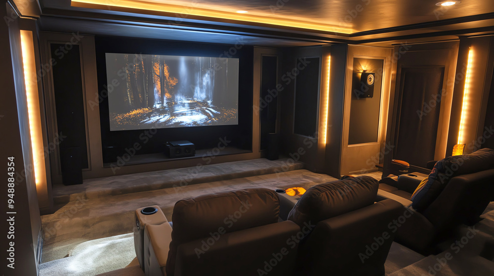 Basement transformed into a home theater with comfortable seating, ambient lighting, and a large screen, basement renovation, home entertainment Basement transformed into a home theater with comfortable seating, ambient lighting, and a large screen, basement renovation, home entertainment