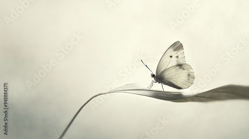   Butterfly on leaf against gray-white backdrop with thin stem photo