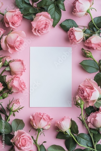 Wallpaper Mural Pink roses arranged around an empty card on a pink backdrop. Torontodigital.ca