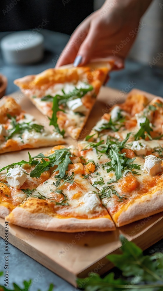 Person holding a slice of pizza with fresh toppings on a wooden board. Delicious homemade meal concept. Person holding a slice of pizza with fresh toppings on a wooden board. Delicious homemade meal concept.