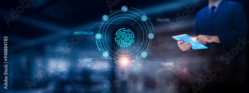Digital Forensics: Businessman using tablet analyzing digital forensics record on tablet. Digital investigation and network connection on modern virtual screen interface, technology and network.