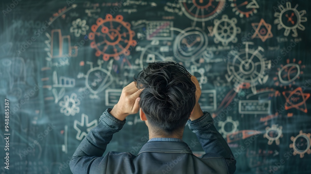 Man Looking at Complex Blackboard with Hand on Head Man Looking at Complex Blackboard with Hand on Head