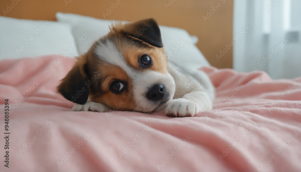 Cute scene of an adorable puppy snuggled up in a human bed, with blankets and pillows surrounding it. Cute scene of an adorable puppy snuggled up in a human bed, with blankets and pillows surrounding it.