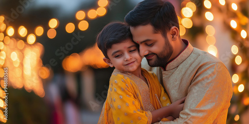 A man and a child are hugging each other in a yellow outfit. The scene is set in a brightly lit area with a lot of lights