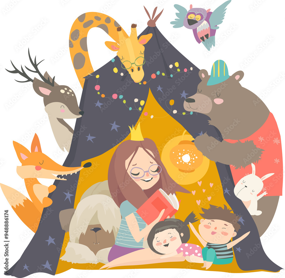 Mum and her kids reading book in a tepee tent Mum and her kids reading book in a tepee tent
