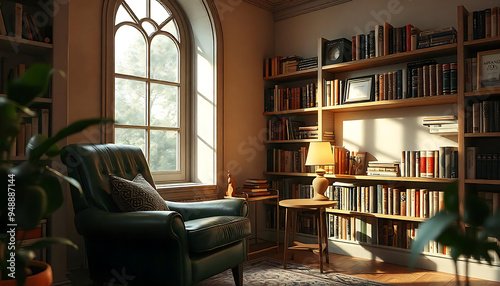  illustration of a cozy retro study room with a comfortable green leather armchair from the 1950s, a small table lamp, and shelves filled with books.