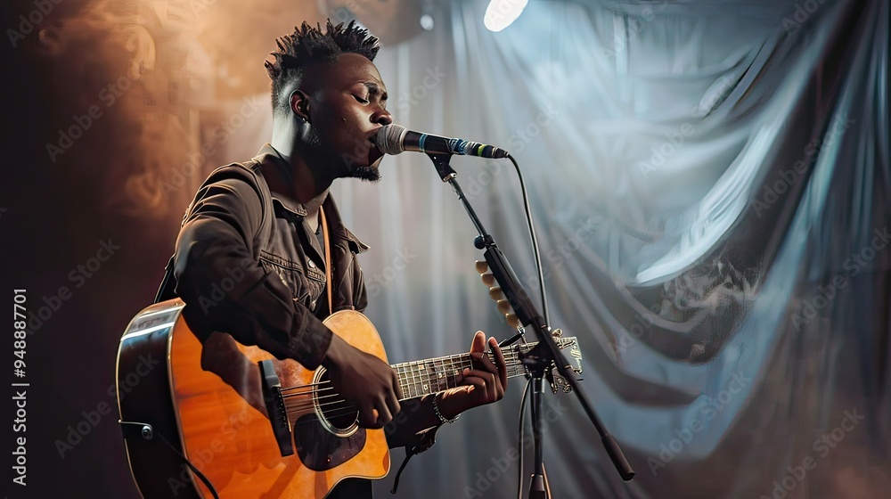 Black male artist with a stylish outfit playing an acoustic guitar and singing into a microphone on stage. 