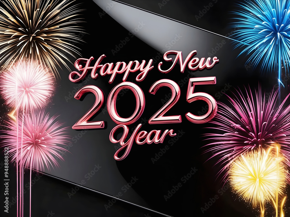 Happy new 2025 year, text on black background with fireworks, colourful festive template, card, poster design concept, celebration