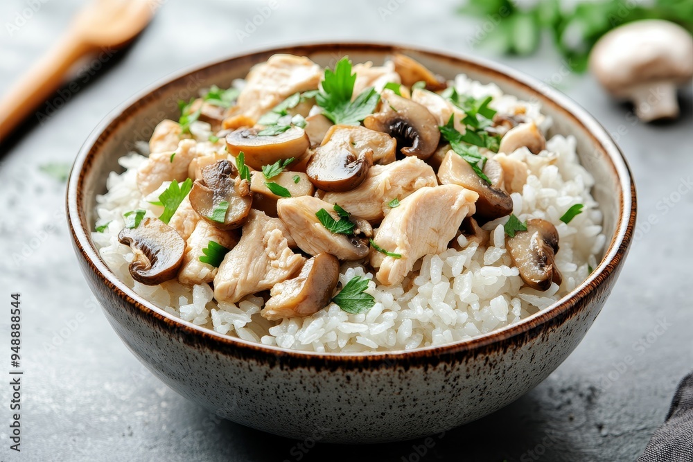 Chicken and rice meal garnished with fresh parsley. Chicken and rice meal garnished with fresh parsley.